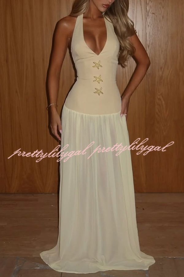 Giselle Gold Starfish Hardware Halter Back Lace-up Tulle Maxi Dress