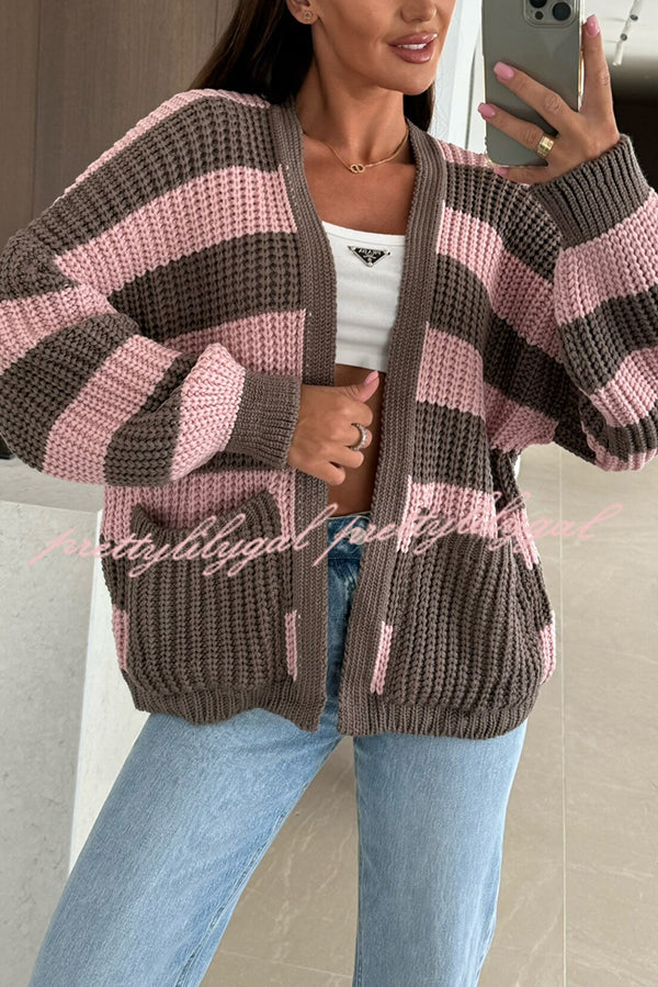 Fashionable Patchwork Striped Casual Pocket Knitted Sweater