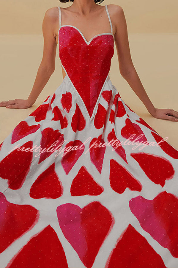 Full of Love Heart Shape Print Cutout Spaghetti Strap Backless Maxi Dress