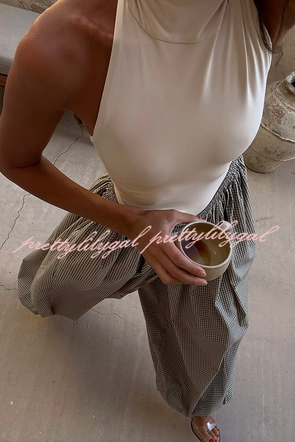 Fashion Plaid Print Elastic Waist Pocket Loose Wide-leg Pants