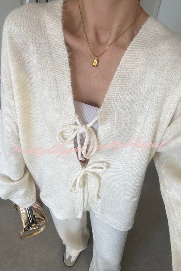 Solid Color V-neck Tie Long-sleeved Loose Knit Cardigan and Elastic Waist Casual Straight Leg Pants Set