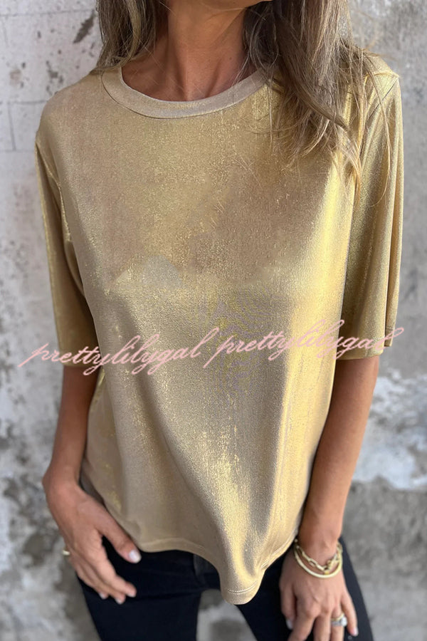 Metallic Solid Color Round Neck Short-sleeved Loose T-shirt