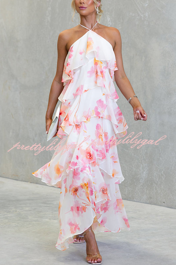 Poetic Eden Chiffon Floral Print Tiered Ruffles Halter A-line Maxi Dr –  prettylilygal