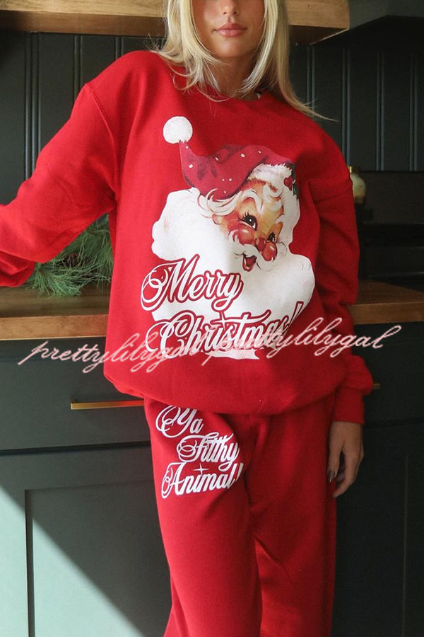 Christmas Santa Print Loose Round Neck Sweatshirt and Elastic Waist Casual Pants Set