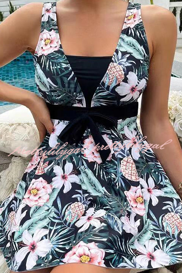 Cheerful Floral Print Bow Detail Tankini Swimsuit Set