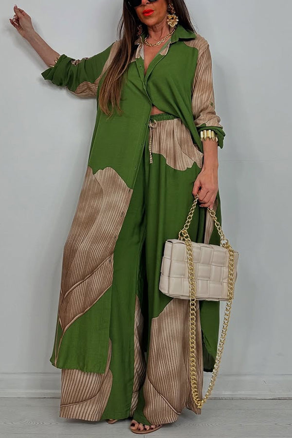 Unique Printed Casual Loose Long Shirt and Elastic Waist Pocket Wide Leg Pants Set