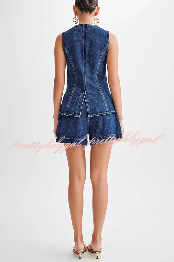 Abel Denim Button Up Princess Seams Pocket Vest Top