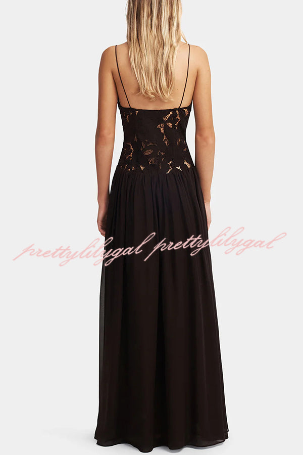 Stephanie Flower Crochet Lace Bust Chiffon Fluffy Hem Maxi Dress