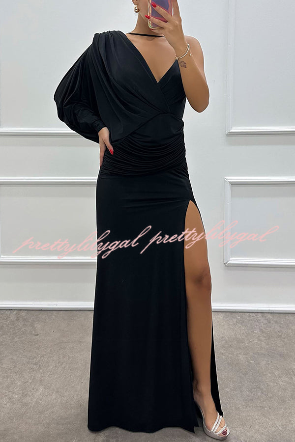 Like Venus One Shoulder Bat Sleeve Ruched Detail Slit Gown Maxi Dress