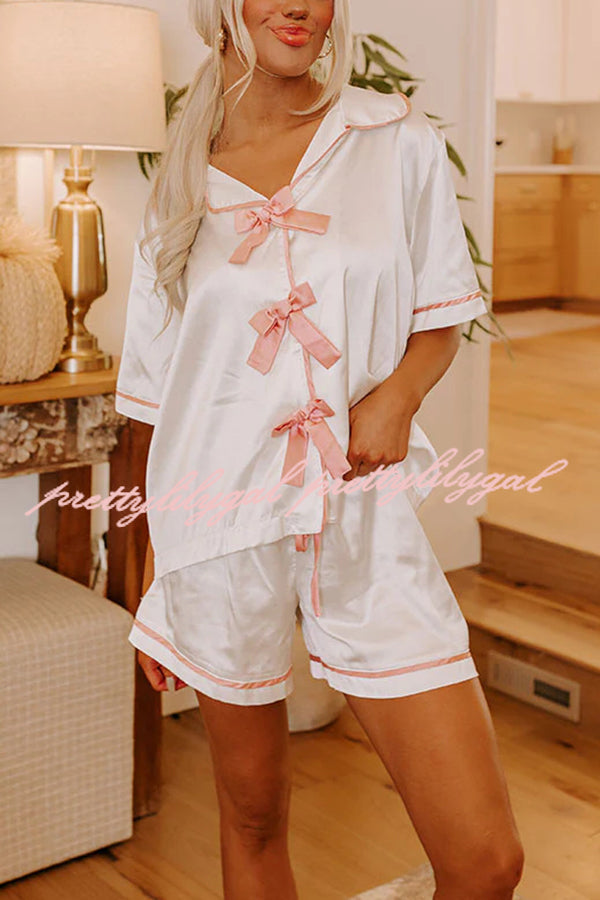 Sweet Dreams Satin Bow Detail Elastic Waist Pajama Shorts Set