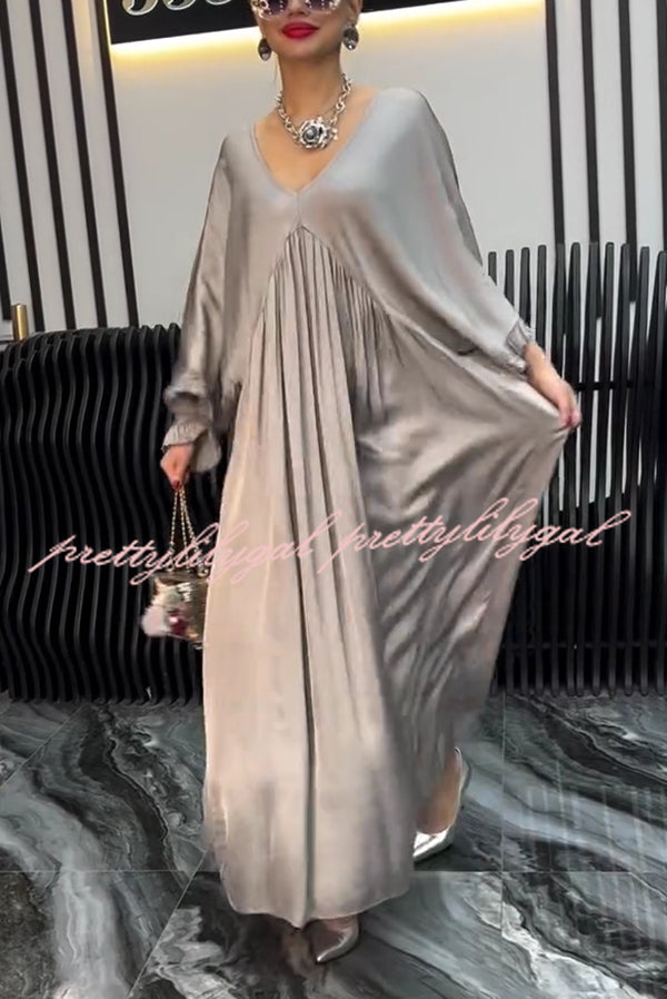 Satin Solid Color V-neck Lotus Leaf Sleeve Loose Pleated Maxi Dress