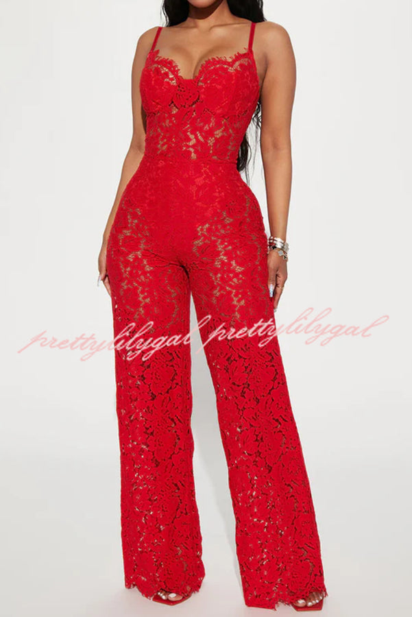 Sexy Moment Floral Lace Lined Suspender Wide Leg Stretch Jumpsuit