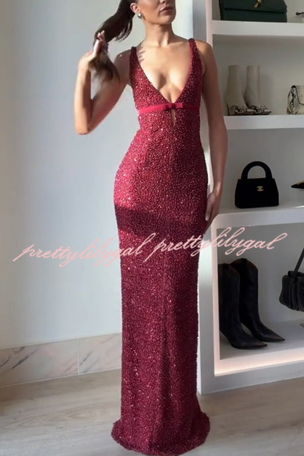 Festival Shines Sequin Beaded Mesh Bow Cutout Detail Slit Maxi Dress
