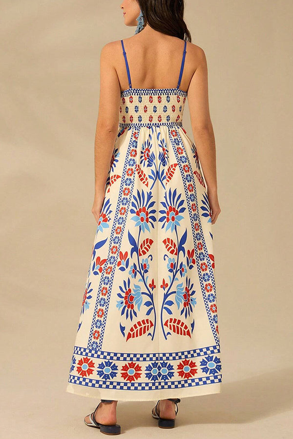Unique Printed Sling Back Pleated Loose Holiday Maxi Dress
