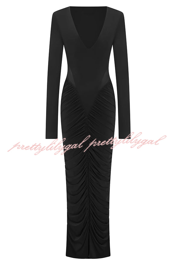 Sexy See-through Long-sleeved V-neck Pleated Slim-fit Maxi Dress