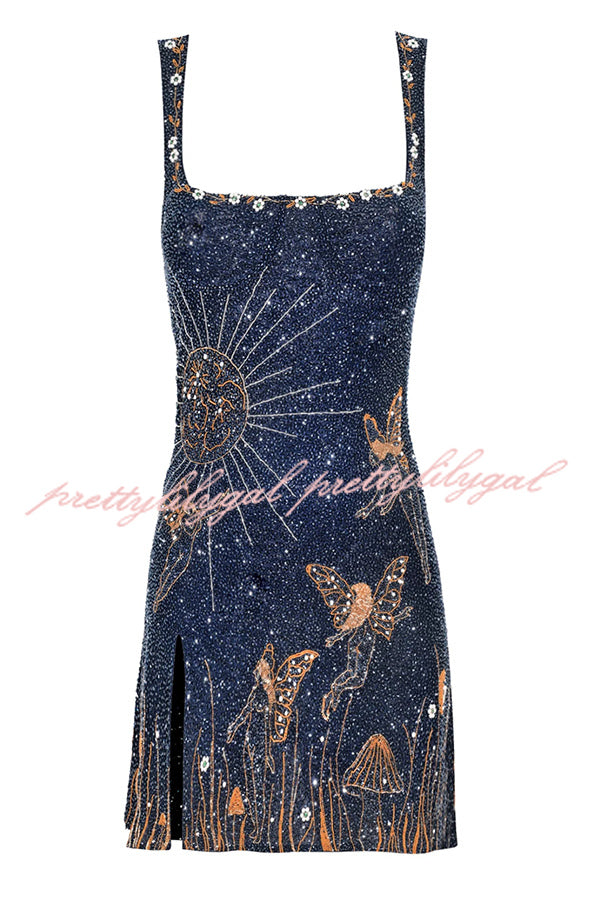 Magic and Night Sky Shiny Pattern Square Neck Slit Mini Dress