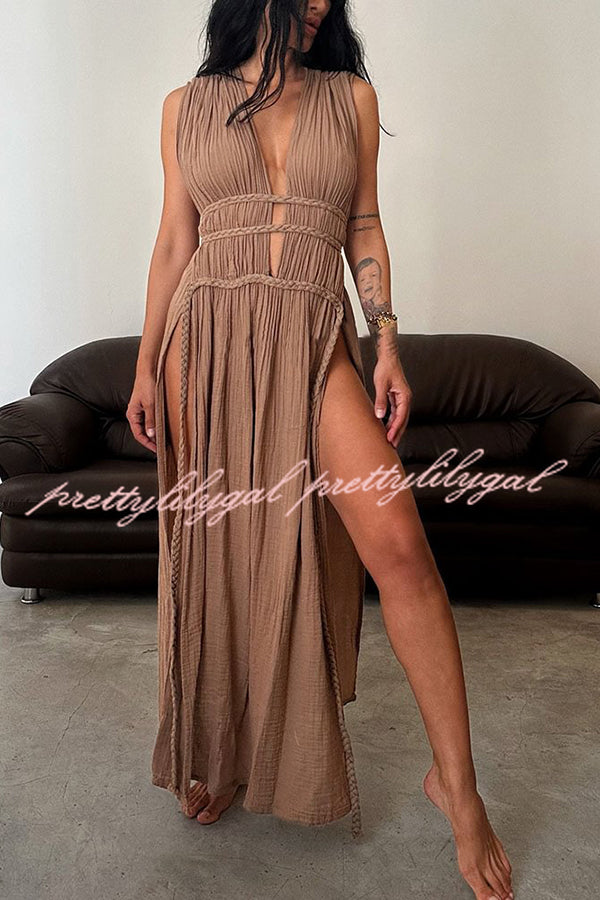 Boho with Elegance Linen Blend Braids Belt Cutout Slit Kaftan Maxi Dress