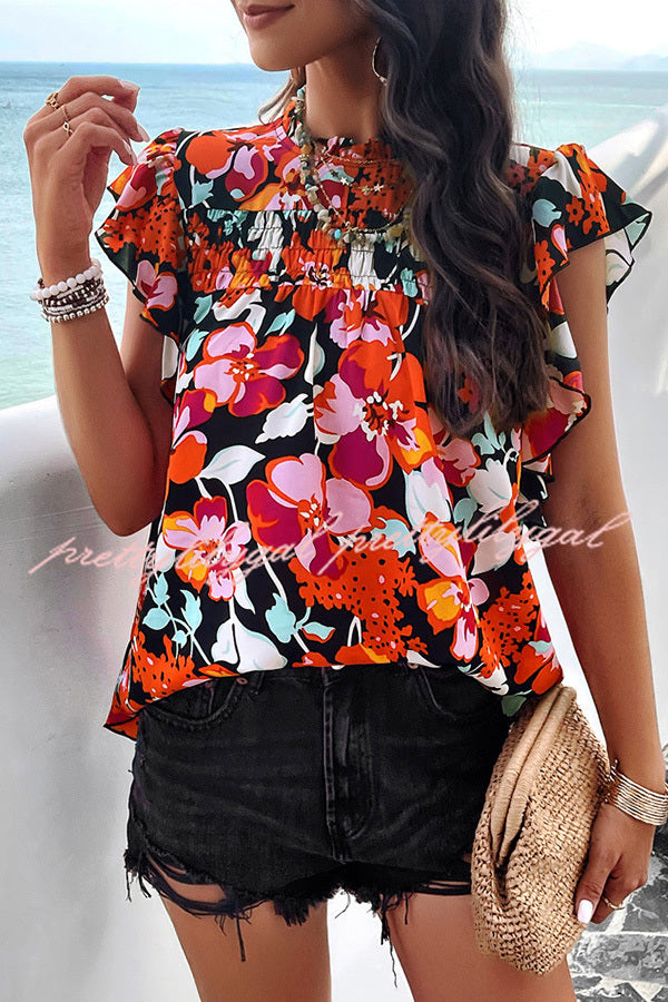 Floral Print Pleated Crew Neck Pullover Top