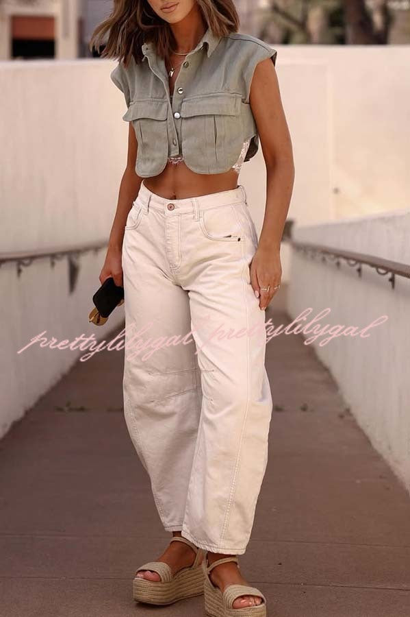 Stylish Weekend Denim Button Up Cape Sleeve Pocket Crop Top