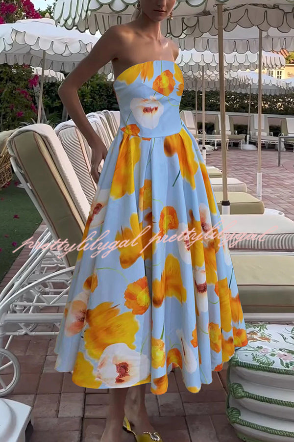 Floral Print Off Shoulder Backless Elegant Midi Dress
