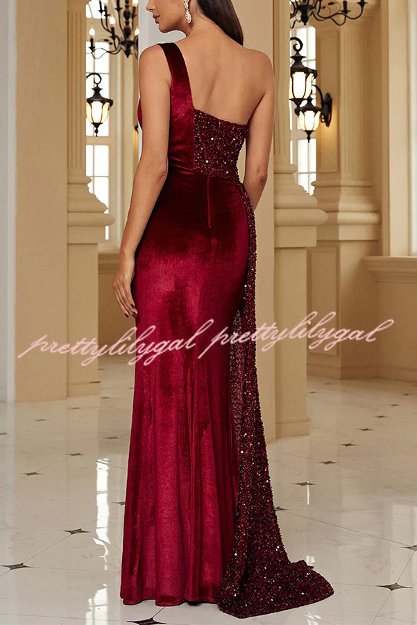 Taylor Sequin Velvet Patchwork One Shoulder Ruched Slit Prom Maxi Dress