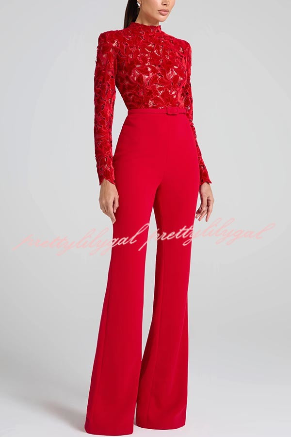 Eleanor Embroidered Floral Lace Long Sleeve Patchwork Belt Flare Jumpsuit