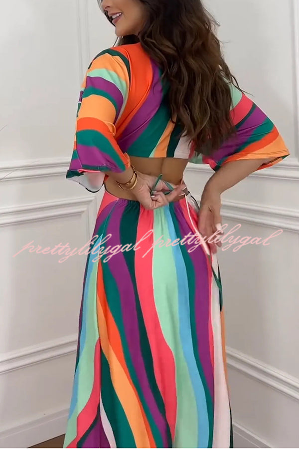 Wilma Unique Print Cutout Elastic Waist Tie-up Kimono Sleeve Maxi Dress