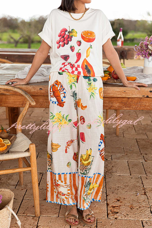Unique Printed Elastic Waist Pocket Vacation Casual Wide Leg Pants