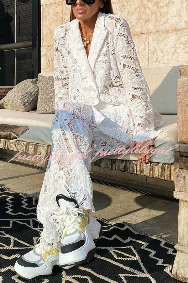 Fashionable Lace Long-sleeved Lapel Loose Top and Casual Hollow Pants Set