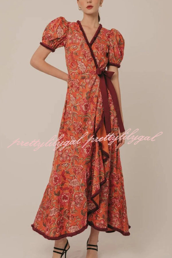 Bohemian Floral Print Elegant Puff Sleeve Holiday Maxi Dress