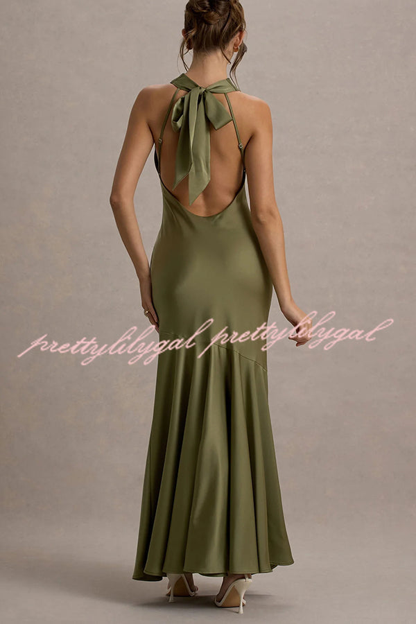 Timeless Sophistication Satin Cowl Detail Back Self-tie Halter Neck Maxi Dress