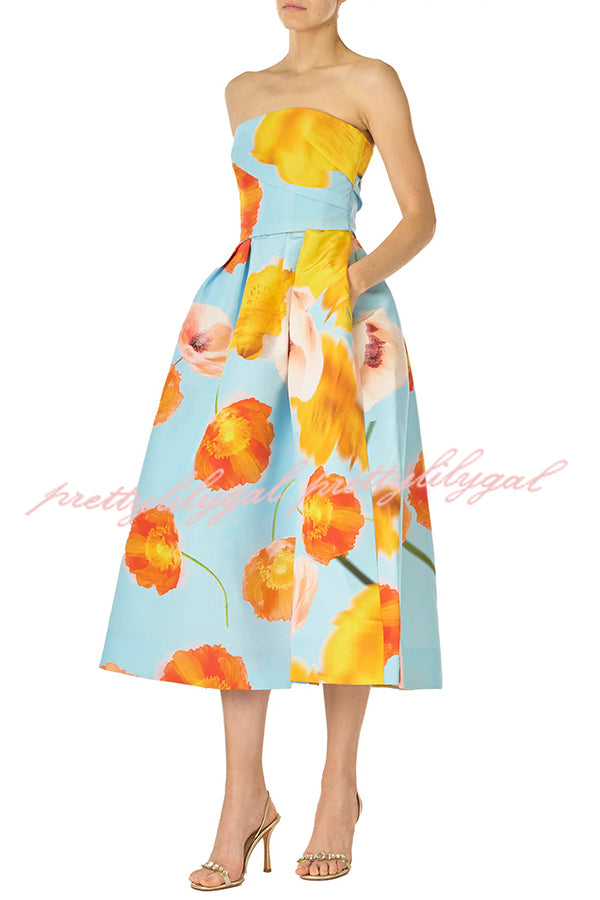 Floral Print Off Shoulder Backless Elegant Midi Dress