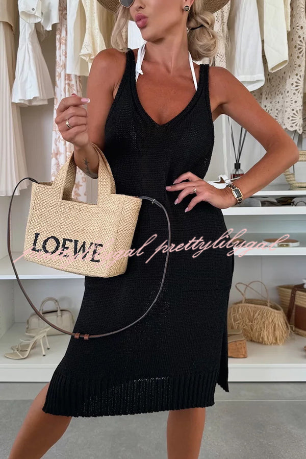 Solid Color V-Neck Sleeveless Casual Pocket Knitted Midi Dress