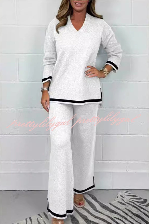 Solid Color V-neck Long-sleeved Loose Top and Elastic Waist Wide-leg Pants Set