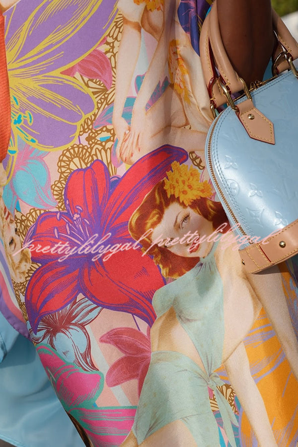 Femme Fatale Satin Unique Print Vintage Loose Scarf Mini Dress