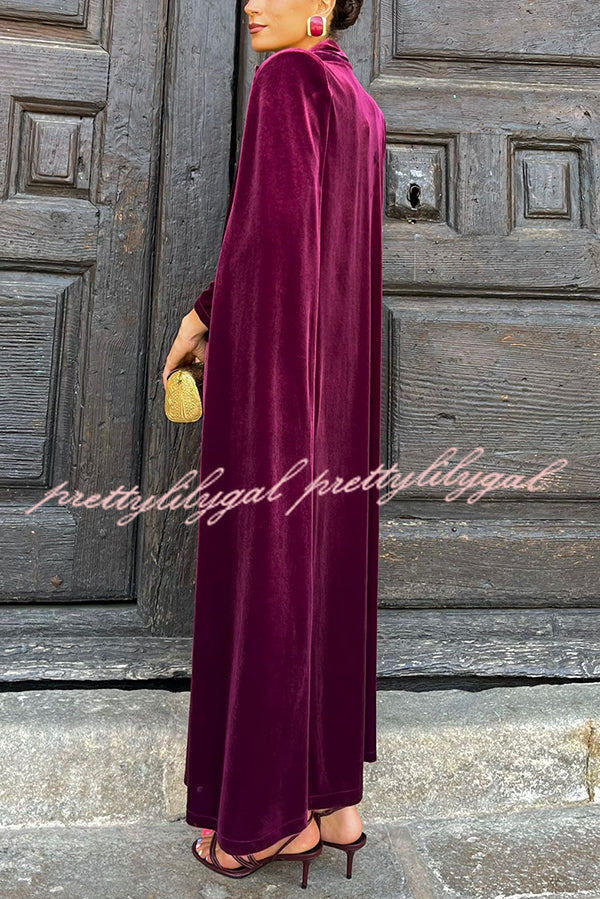 Olivienne Luxurious Velvet Padded Shoulders Slit Sleeve Lapel Midi Cape