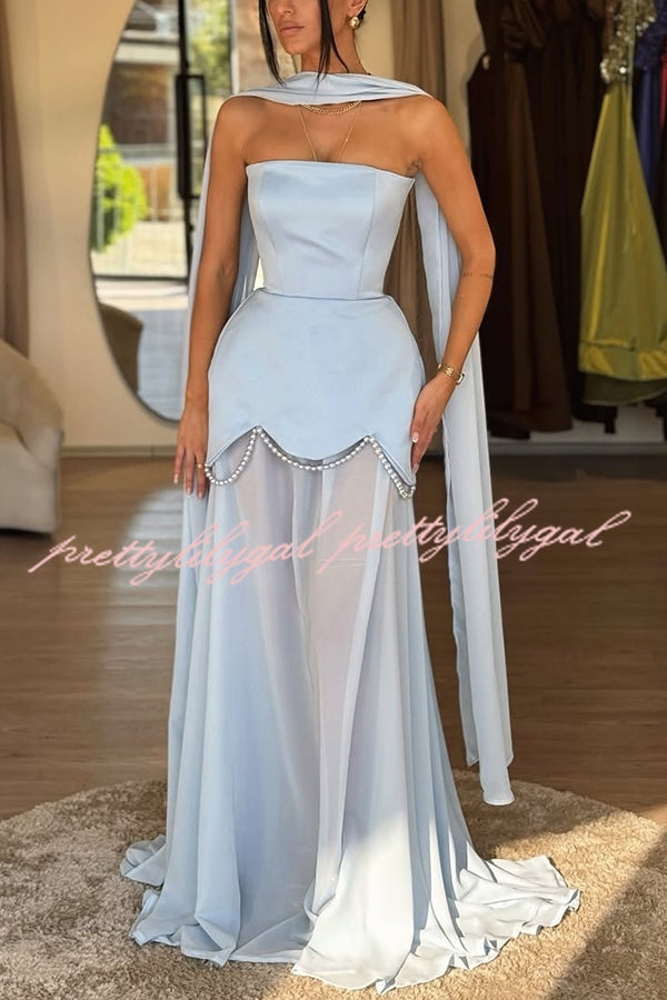 Jiya Satin Petal Hem Pearl Detail Chiffon Cape Strapless Maxi Dress