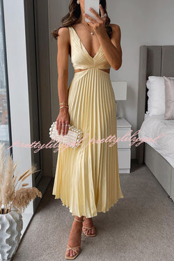 Summer Social Stain Pleated Cutout Waist Loose Midi Dress