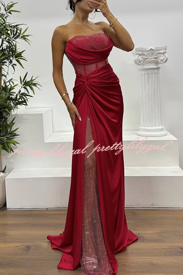 Essie Satin Rhinestone Patchwork Twist Waist Strapless Slit Maxi Dress