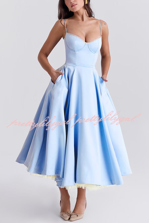 Fairytale Vibe Satin Patchwork Tulle Sweetheart Neck Pocket Stretch Midi Dress