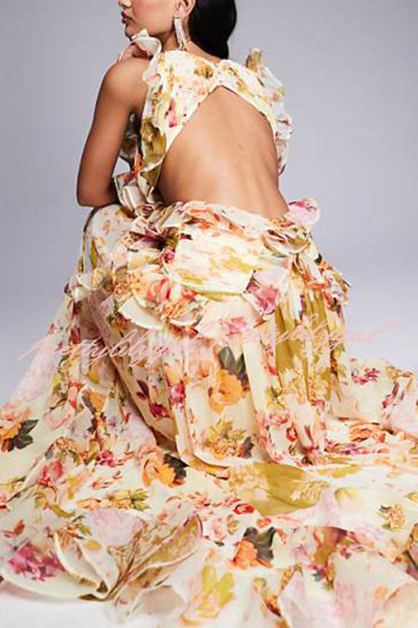 Wedding Season Chiffon Floral Ruched Plunge Open Back Maxi Dress