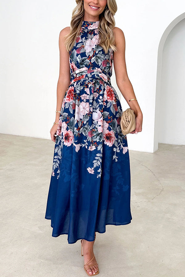 Floral Print Halterneck Tie Zip Smocked Maxi Dress