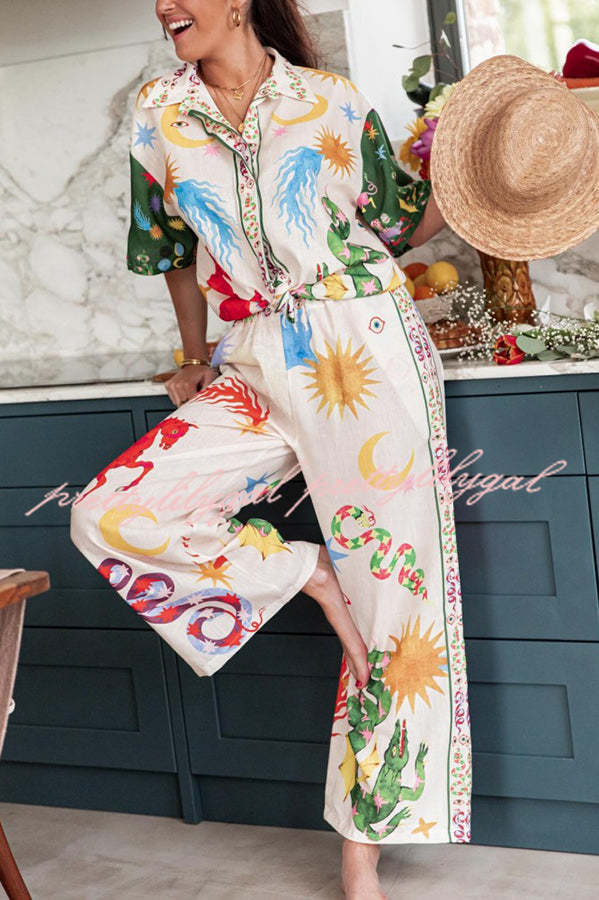 Bohemian Beauty Unique Print Short Sleeve Loose Shirt and Elastic Waist Pants Set