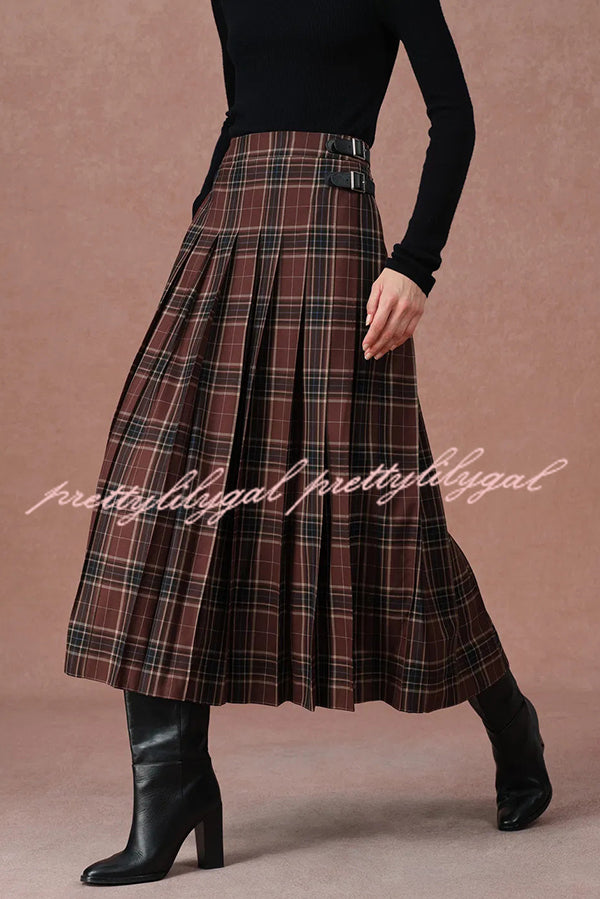 Yehudit Plaid Belt Buckle Design High Rise Pocket Midi Umbrella Skirt