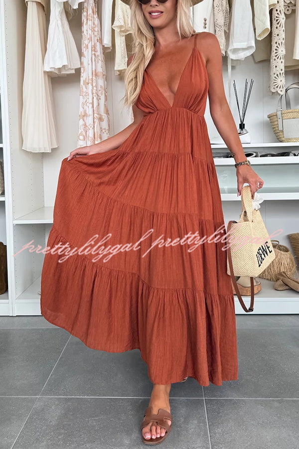 Bohemian Style V-neck Backless Slip Layered Vacation Maxi Dress