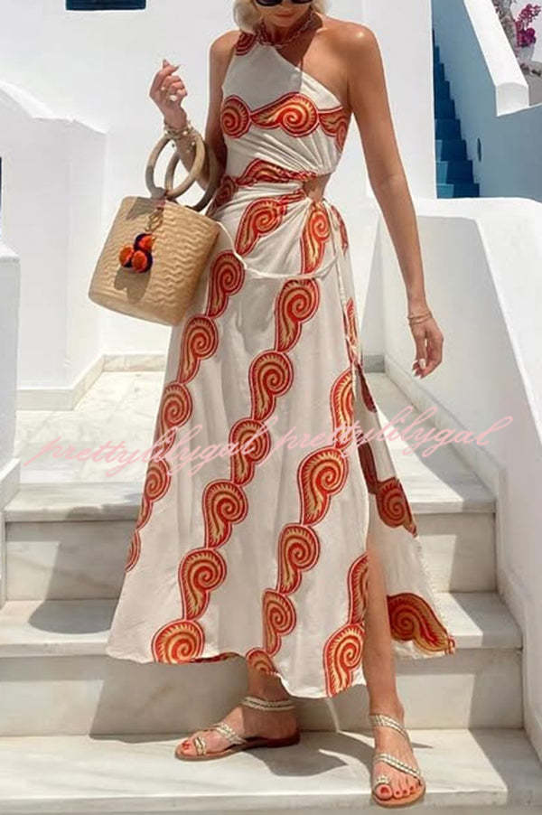 Enjoy A Sunny Linen Blend Shell Print One Shoulder Cutout Waist Tie-up Slit Maxi Dress