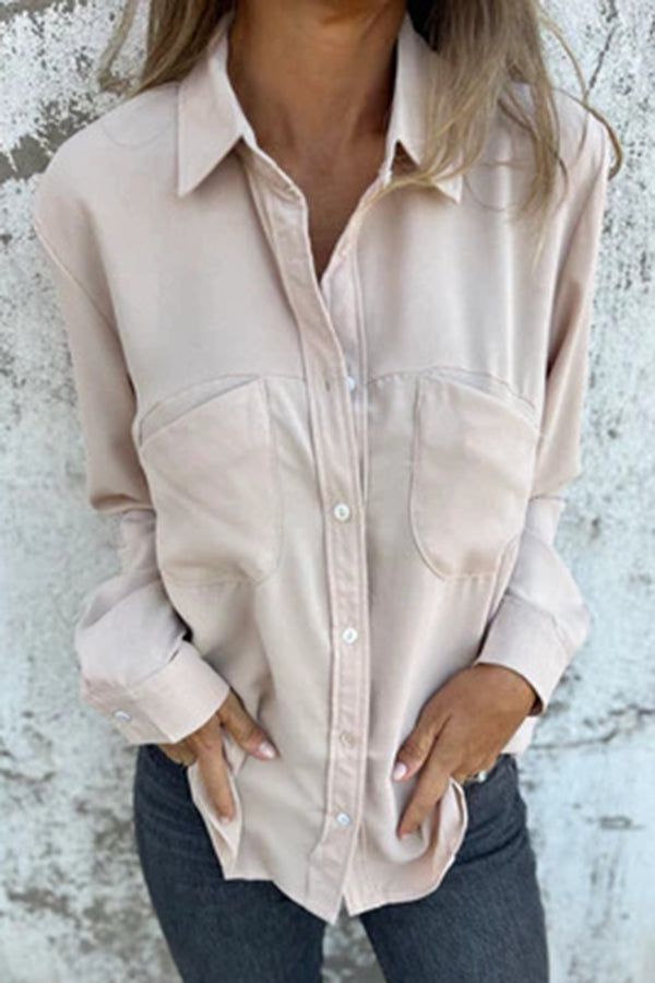 Solid Color Lapel Button Pocket Casual Long Sleeve Shirt