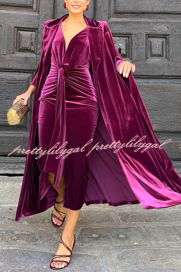 Elisabeth Luxurious Velvet Padded Shoulders Long Sleeve Twist Waist Drape Midi Dress