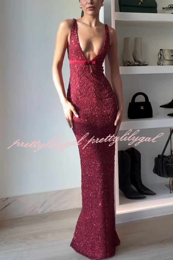 Festival Shines Sequin Beaded Mesh Bow Cutout Detail Slit Maxi Dress