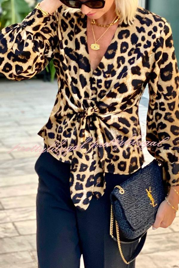 Janae Leopard Print Front Tie-up Lantern Sleeve Casual Blouse